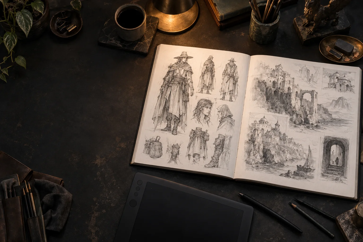 Original game character and environment studies on a concept artist's desk